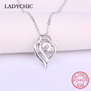 LADYCHIC Auténtica Plata de ley 925 Elegantes Amor de Doble Corazón Colgante de Collares para las Mujeres de la Moda de Circón Joyería Fina LNS1007