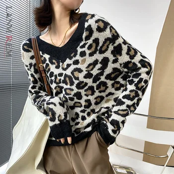 LANMREM 2021 Otoño Suelto de la Impresión del Leopardo Negro V-cuello de manga Larga Caliente Top de Punto Suéter Negro Para las Mujeres de Moda de la Marea 2A2452