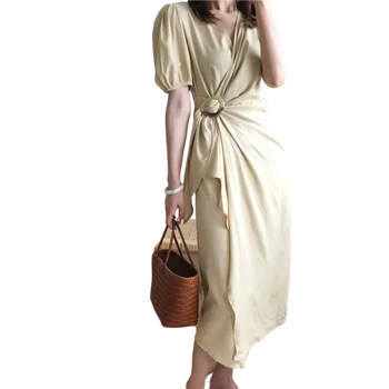 LANMREM 2021 Verano Nueva Moda Casual Temperamento de las Mujeres Suelta veces vestidos de Color Sólido Puff Manga de División de Una sola pieza Vestido de TC383