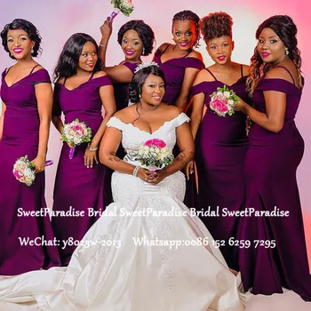 Las Mujeres africanas Púrpura Vestidos de Dama de honor 2020 Espaguetis Fuera del Hombro vestido Largo Damisela D'honneur de Invitados de la Boda Vestido Para las Mujeres