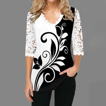 Las mujeres Blusa de Tamaño Más Bohemio de la Camisa de 2020 Otoño de la Mariposa de Impresión de Encaje de Empalme de las Camisas de las Señoras V-cuello de Camisa Casual 
