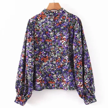 Las Mujeres Blusas 2021 Linterna Manga De Cuello De Pie Vintage Camisa Púrpura Floral Imprimir Camiseta Camisetas De Corea Chic Pliegues Chemise Tops