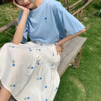 Las mujeres Conjuntos Florales Bordados camisetas Faldas Plisadas de Verano de la Pieza de 2 Chicas Dulce Elegante Simple de Verano Diario coreano Nuevo Estilo