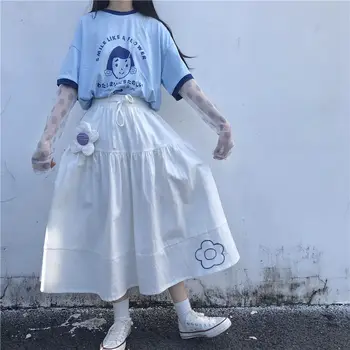 Las mujeres de 3 piezas Conjuntos coreano de Moda de Verano Preppy Niñas Trajes Chic de Impresión Simple T-shirt Blanco Lindo Bordado Floral Falda de las Señoras