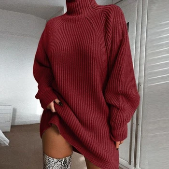 Las Mujeres De Cuello Alto De Punto Vestido De Otoño Invierno Casual Suelto Sexy Delgado Suéter Vestido De Gran Tamaño 2019 Largo De Punto Vestidos