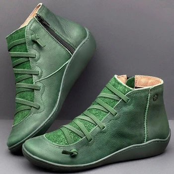 Las mujeres de Invierno Botas de Nieve de Cuero de la PU de Tobillo Botas de Primavera Plana Zapatos de Mujer Corto Verde, Botas de Piel Para Mujer de Encaje Hasta Botas Mujer