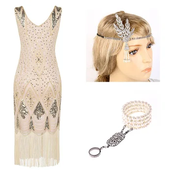 Las mujeres de la década de 1920 Vestido Flapper Gran Gatsby Tema de la Fiesta de Noche de Lentejuelas con Cuello en V con Cuentas Vestidos de Flecos Vestido con Accesorios
