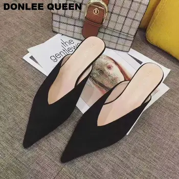 Las Mujeres de la moda Punta del Dedo del pie Zapatillas de Gamuza Tacón Bajo Exteriores de las Señoras de Diapositivas Marca de Lujo de Mulas de Zapatos de las Mujeres Zapatillas zapatos de mujer