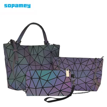 Las mujeres de lujo bolsos de la bolsa de 3 piezas set crossbody bolsas para damas 2020 Geométricas luminoso bolsa de hombro mujeres bolso y monedero Bolso