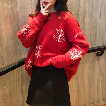 Las Mujeres De Manga Larga Espesar Pullover Impresión De Ocio De Moda De Navidad Impreso Suéter Rojo Femenino Damas Casual Otoño Invierno Tops