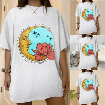 Las mujeres de Moda Casual T-shirt Letra de Sol a Luna de Impresión Suelta O-cuello de la Mitad de la Manga Elástica Estirada la Casa de Verano de Nuevo