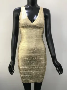 Las Mujeres De Verano De Estilo Sexy V Cuello Bronceado De Oro Bodycon Señora Mini Vendaje Vestido De 2020 Diseñador De Moda Vestido De Fiesta Vestido
