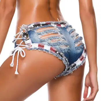 Las mujeres de Verano Sexy Mini Corto Agujeros Jeans Booty Shorts de Mezclilla Bajo la Cintura Anudada Niña de Corta Beach Club Parte Inferior mini shorts