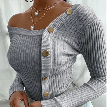 Las mujeres del Suéter de Un Hombro Delgado Jersey de Manga Larga Sólido Botón de Mujeres Suéteres de 2020 Otoño de la Moda Sexy camiseta