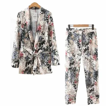 Las Mujeres elegantes trajes de 2021 Otoño de la Mujer de Manga Larga de Borrado Kimono Blazer Cinturón de Impresión de la Capa+Casual Pantalones de Traje de la Vendimia de Dos piezas y Conjuntos