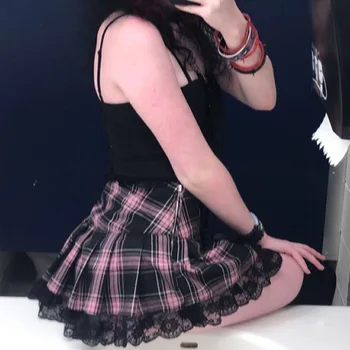 Las mujeres Gótica, Encaje Sexy Faldas Plisadas Mujer cordones de Cuadros Cintura Alta Falda Rosa Dulce Casual Harajuku Chic Estudiante de la Moda de nueva