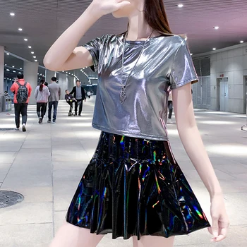 Las mujeres Harajuku Faldas del Color del arco iris Kawaii Estudiante de la Calle de la PU de Láser de Alta en la Cintura Una línea de JK Mini Faldas