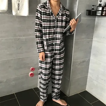 Las mujeres Pijama Conjuntos de Primavera, Otoño Mujer ropa de dormir de Trajes de Camiseta+Pantalones 2pcs Cuadros de Turn-Down Collar de las Señoras de la Ropa H55