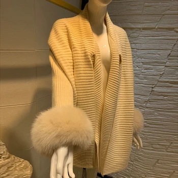 Las Mujeres Reales Fox Cabello Suéter Cardigan Bufanda Collar Oversize De Punto Suave Suéter De Abrigo
