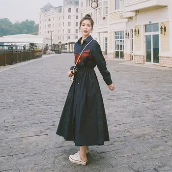 Las mujeres se visten de corea otoño Lleno Sólido Señora de la Oficina de Una Línea de vestido de la mitad de la Pantorrilla Imperio de Turn-down Collar vestido largo elegante