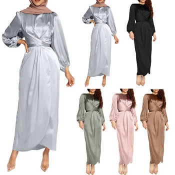 Las Mujeres Árabes Musulmanes De Raso Puff Manga Larga Vestido Maxi De Color Sólido Envoltura Frente A La Auto-Lazo Abaya Dubai, Turquía Hiyab Túnica Kaftan