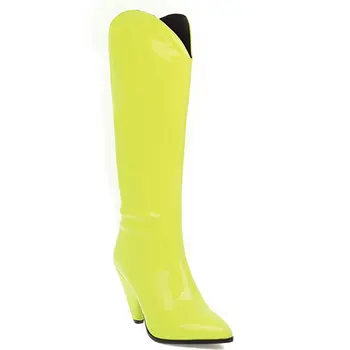 Lasyarrow Patente de cuero de color de rosa naranja amarillo zapatos de las mujeres de la espiga de tacones en punta botines de gran tamaño 47 48 hasta la rodilla botas altas