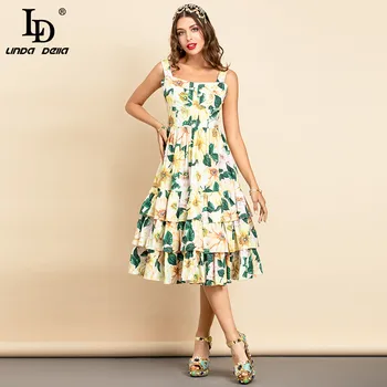 LD LINDA DELLA 2021 Moda de Verano en la Pista de Algodón Vestido de las Mujeres de la Correa de Espagueti de la Impresión Floral Midi Niveles de vacaciones Elegantes Vestidos