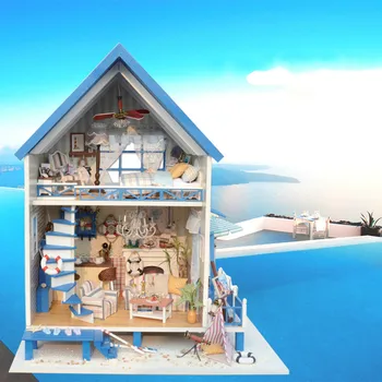 LED de Playa Azul de Villa de casa de muñecas muebles de bricolaje de casa de muñecas de madera bricolaje de casa de muñecas en miniatura casa de muñecas, muebles de niños rompecabezas Juguetes
