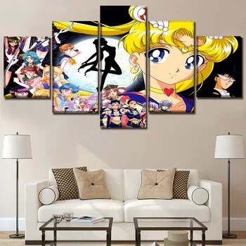 Lienzo de Arte de Pared con Fotos de Decoración del Hogar de la Sala De 5 Piezas de Anime de Sailor Moon Pinturas HD Imprime Modular Carteles Marco