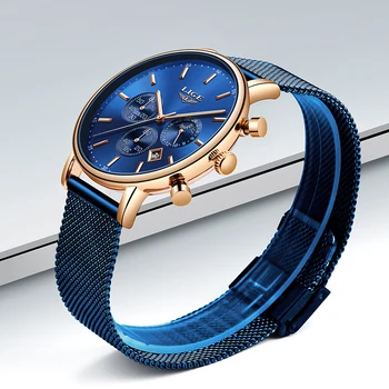 LIGE las Mujeres de la Moda de Cuarzo Azul Reloj de Señora de la Malla Correa de reloj de Alta Calidad Casual Impermeable reloj de Pulsera de la Fase Lunar Reloj de las Mujeres del Reloj