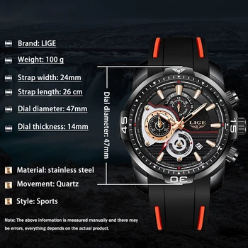 LIGE Nueva Moda Relojes para Hombre de la Correa de Silicona de la Marca Superior de Lujo del Deporte del Cronógrafo Militar Impermeable Reloj Relogio Masculino