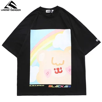 LINDSEY SEADER de Hip Hop de la Calle Camiseta Oversize Harajuku Lindo arco iris Bear Camiseta Print 2021 Hombres de Verano T-Shirt de Algodón Tops