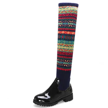 Lloprost ke gran tamaño 34-46 de la moda más de la rodilla botas de las mujeres de los colores mezclados tramo botas de tacón bajo otoño casual botas de invierno