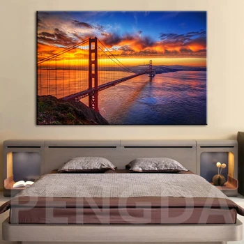 Lona Impresa la Imagen de la Pared de Arte de la puesta del sol sobre el Puente Golden Gate de Pinturas Decoración del Hogar Módulo Cartel de la Sala de estar de Marco