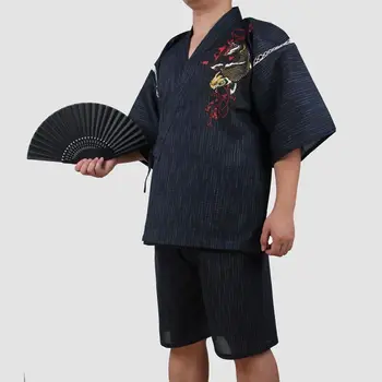 Los hombres de Algodón Yukata Kimono Traje de los Hombres Japoneses Tradicionales conjunto de Pijama de Manga Corta de la parte Superior del Chándal Pantalones con Peces patrón de bordado