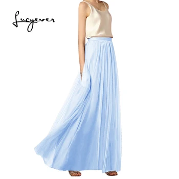 Lucyever 26 color de verano falda larga de las mujeres más el tamaño de la malla de la piso-longitud de pliegues de las faldas de fiesta de la boda de lujo faldas mujer moda 2020