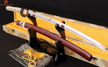 LYUESWORD Japonés Full Tang Hoja hecha a Mano KATANA Espada Samurai 1060 de Acero al Carbono Muy Afilado Borde de la Real Corte de la Ronda de Tsuba