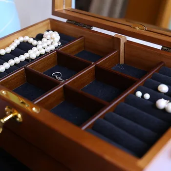 Madera sólida caja de joyería con el bloqueo de la vendimia de franela joyas antiguas de madera caja de almacenamiento de aretes cuadro de aretes cuadro