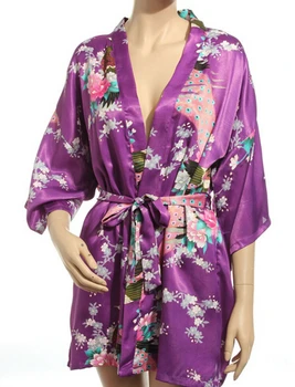 Marca Púrpura Femenino Impreso Floral Vestido Kimono Vestido de Estilo Chino de Seda de la Túnica de Raso Camisón de Flores S M L XL XXL
