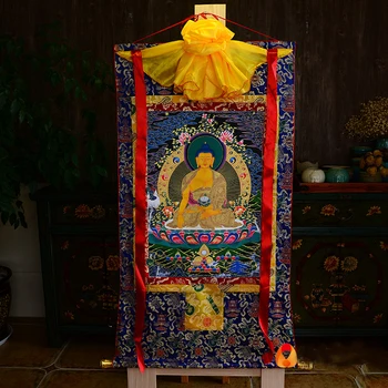 Mayorista Budista suministros-87CM gran Budismo Decoración casera de la PARED del ARTE de la seda de Sakyamuni Buda Thang-ga Thangka Buda pintura