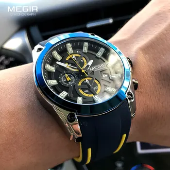 MEGIR 2020 Nuevo Cronógrafo de Cuarzo Relojes de los Hombres de Lujo Militares Deporte reloj de Pulsera Correa de Silicona Azul Impermeable Reloj de Hombre 2144