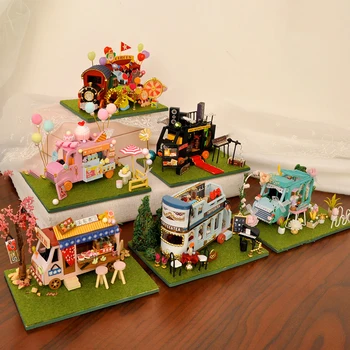 Mini Coche de la Tienda de BRICOLAJE, casa de Muñecas Circo de la Flor de Kanto Con Kit de Luz Montado en Miniatura de la Casa de Muebles de Casa de Muñecas, Juguetes para Niños