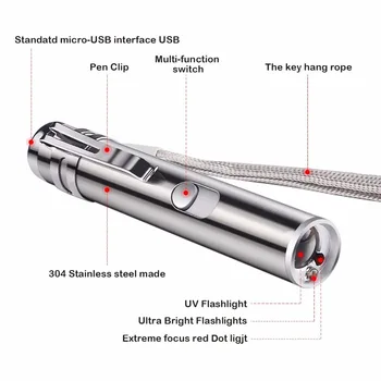 Mini lazer Rojo Puntero Láser Recargable USB 3 En 1 Pluma de la Linterna de Carga UV Antorcha Lápiz Linterna Multifunción de la Lámpara