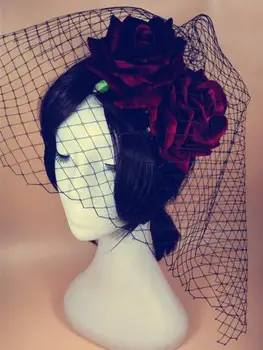 Mini Sombrero Rojo De La Flor De Rose Clip Velo De Lolita Gótica De Lujo Hechos A Mano Clips De Pelo Goth