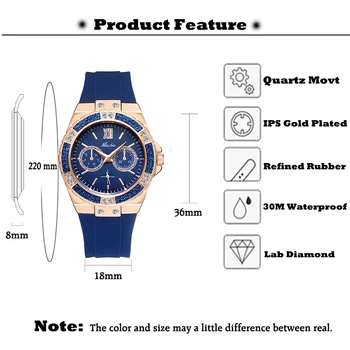 MISSFOX las Mujeres Relojes de Marca de Lujo de 18 quilates de Oro Negro del Cronógrafo de Adivinanzas Reloj de Diamantes de Goma Impermeable de Cuarzo de las Señoras Reloj de Pulsera