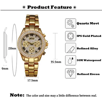 MISSFOX Mujeres Relojes Clásico Romano Números Falsos de Múltiples Zonas horarias del Reloj de Cuarzo de las Mujeres de Moda Casual de Oro Bling Reloj de Señoras