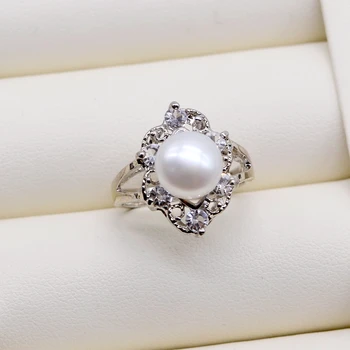 Moda anillo, 8-9mm de agua dulce natural de la perla, plata anillo de circón ajustable, femenina anillo de compromiso anillo de la perla