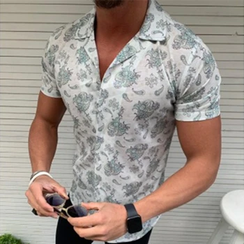 Moda Camisetas Para los Hombres de Manga corta de Impresión Floral de la Camisa Camisas de verano los Hombres visten Camisa Botón de la Solapa de Collar Macho Collar de Vuelta