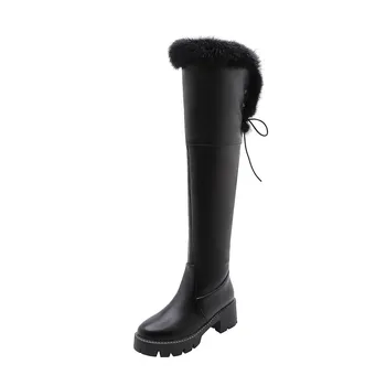 MORAZORA 2020, más el tamaño de 33-43 de invierno botas de nieve de la plaza de los tacones de punta redonda zapatos de las señoras de mantener caliente color sólido, más de la rodilla botas