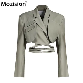 MOZISION Irregular Elegante Blazer Para Mujeres con Muescas Mangas Largas de Encaje Bowknot Blazers Mujeres 2021 de la Moda de Primavera Nueva Capa